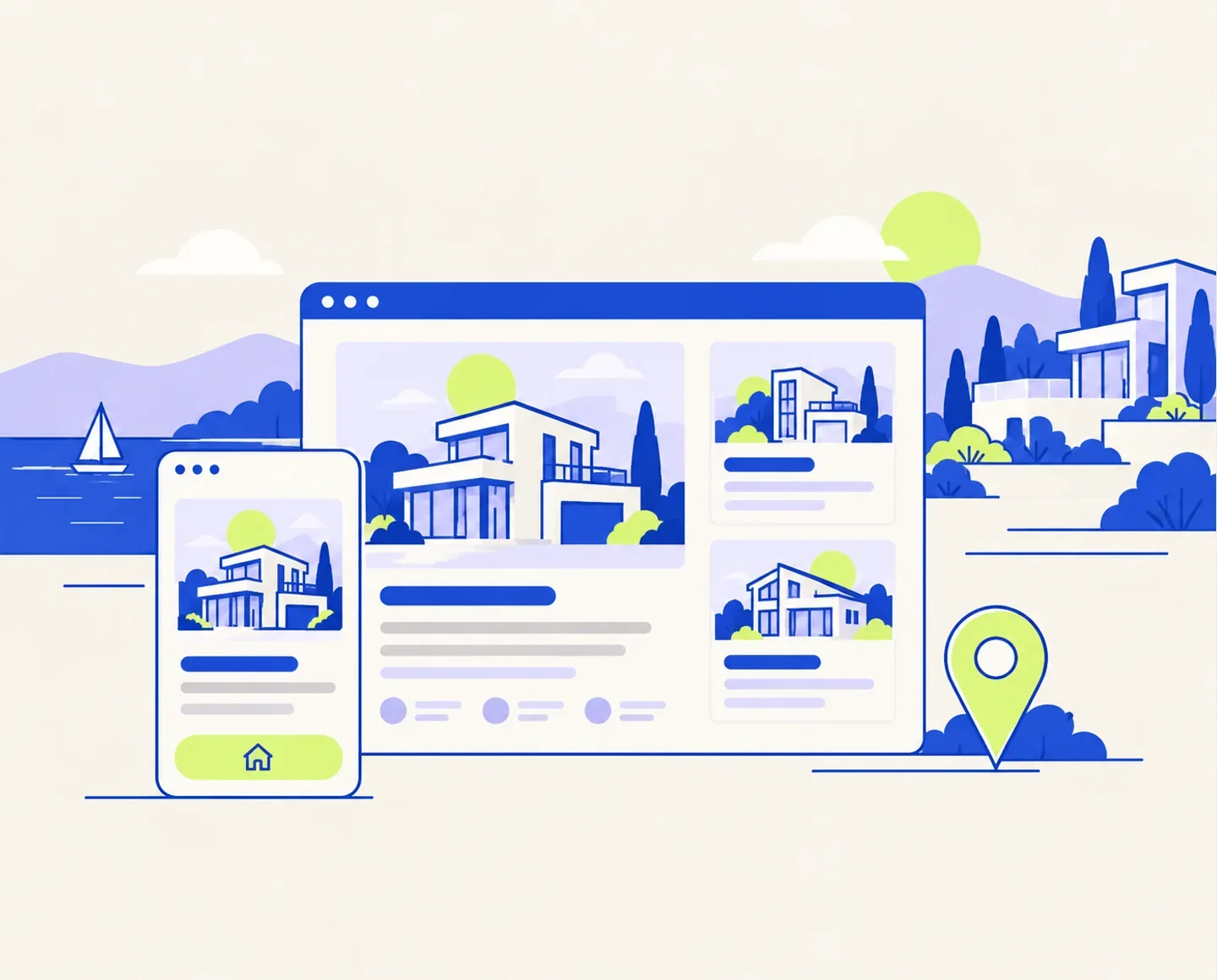 Mülk kartları, ev çizimleri, konum işareti ve mobil web arayüzüyle emlak sitesi illüstrasyonu.