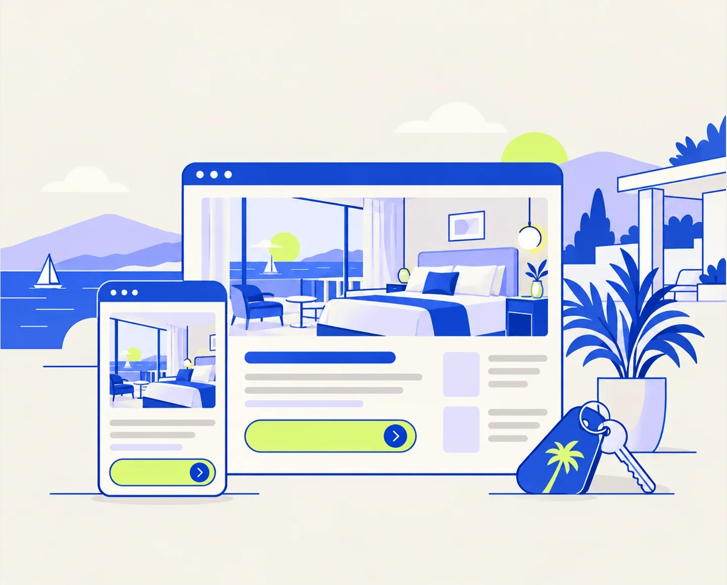 Oda sunumu, mobil web arayüzü ve oda anahtarıyla otel web sitesi illüstrasyonu.