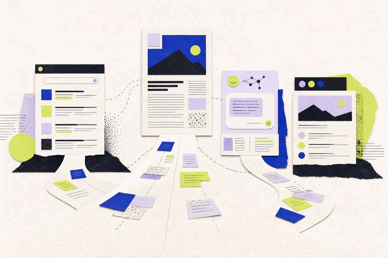 An editorial collage showing one structured article connecting to search, AI-assisted answers and direct reading