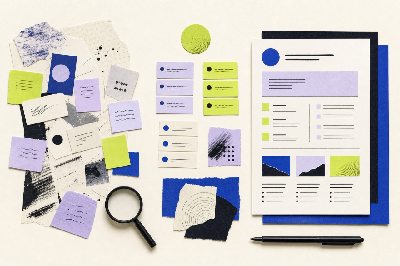 An editorial collage showing scattered research notes becoming an organized content brief